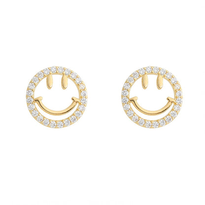 Cubic Zirconia and 18K Gold-Plated Smiley Face Stud Earrings, gold stud earrings for women, everyday style, side view