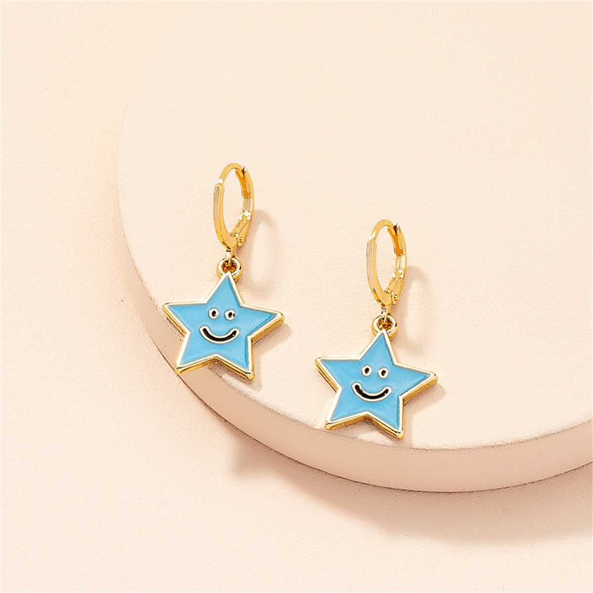 Blue Enamel & 18K Gold-Plated Smiley Star Huggie Drop Earrings