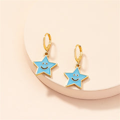 Blue Enamel & 18K Gold-Plated Smiley Star Huggie Drop Earrings