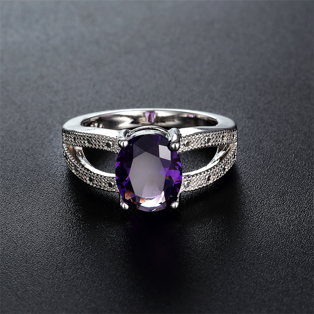 Purple Crystal & Cubic Zirconia Silver-Plated Oval Ring