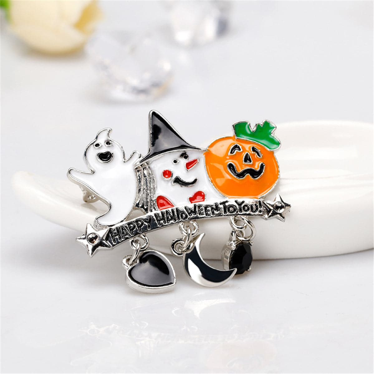 Cubic Zirconia & Enamel 'Happy Halloween' Pendant Brooch
