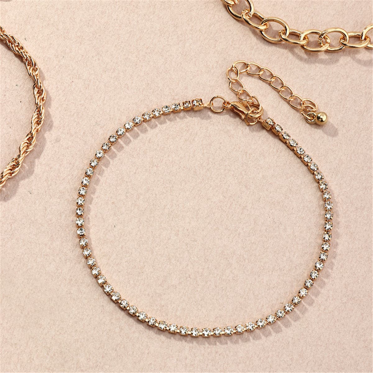 Cubic Zirconia and 18K Gold Plated Twine Anklet Set, jewelry gift sets for women, botanical inspired, detail close-up