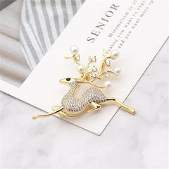Cubic Zirconia & Pearl 18K Gold-Plated Reindeer Brooch
