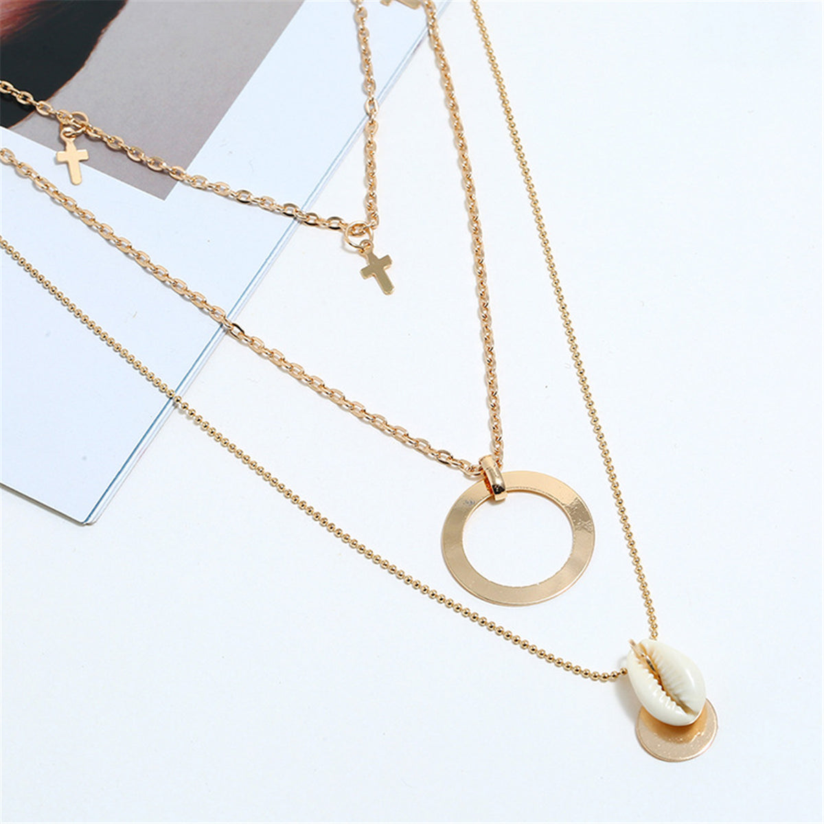 Shell and 18K Gold-Plated Cross Pendant Layered Necklace, gold pendant necklace for women, front view
