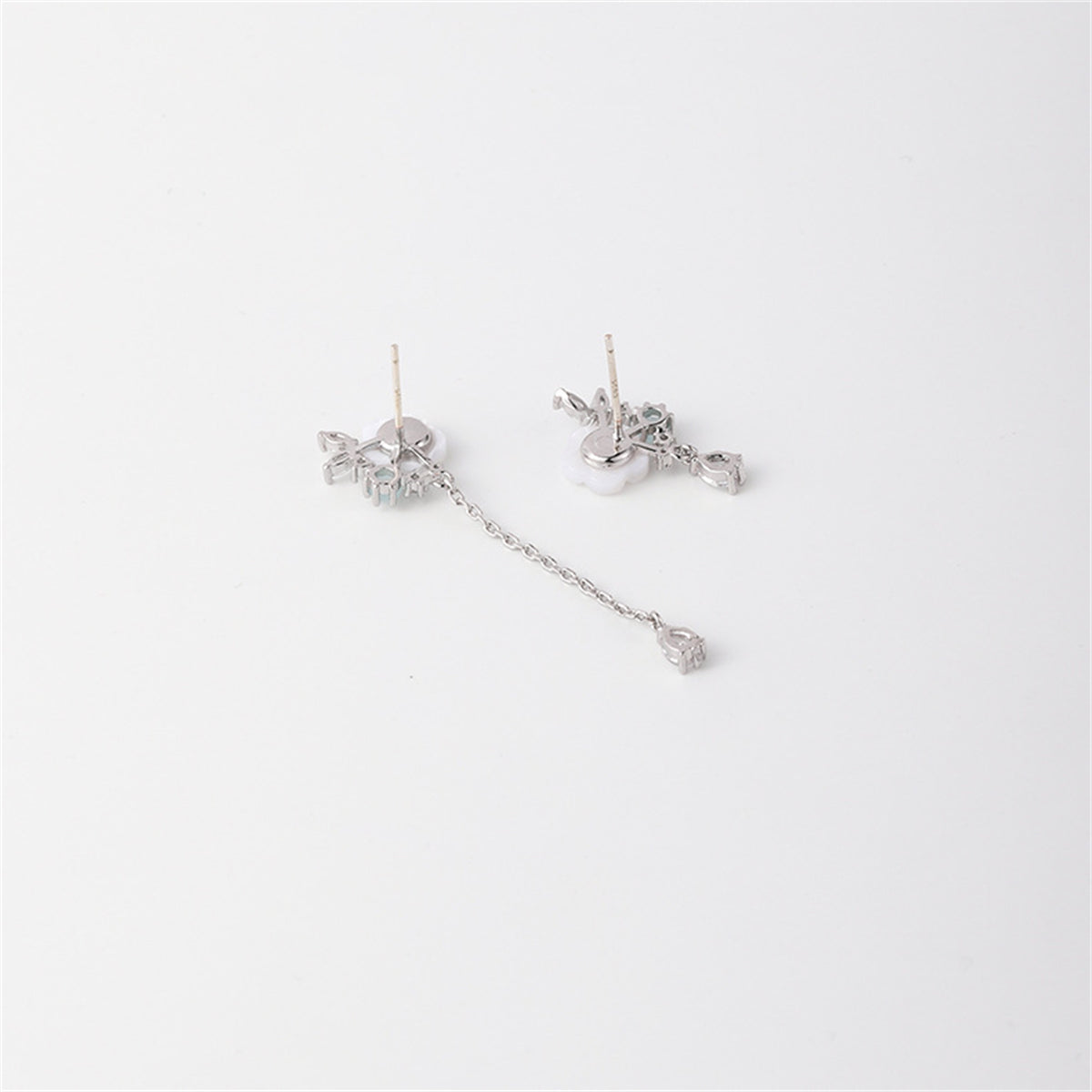 White Cat-Eye and Cubic Zirconia Floral Mismatched Drop Earrings, drop earrings for women, everyday style, lifestyle look