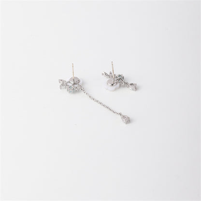 White Cat-Eye and Cubic Zirconia Floral Mismatched Drop Earrings, drop earrings for women, everyday style, lifestyle look