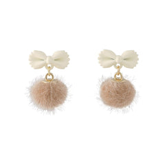 Beige Enamel & Blush Pom-Pom Bow Drop Earrings