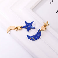 Blue & Goldtone Moon Star Asymmetrical Drop Earrings
