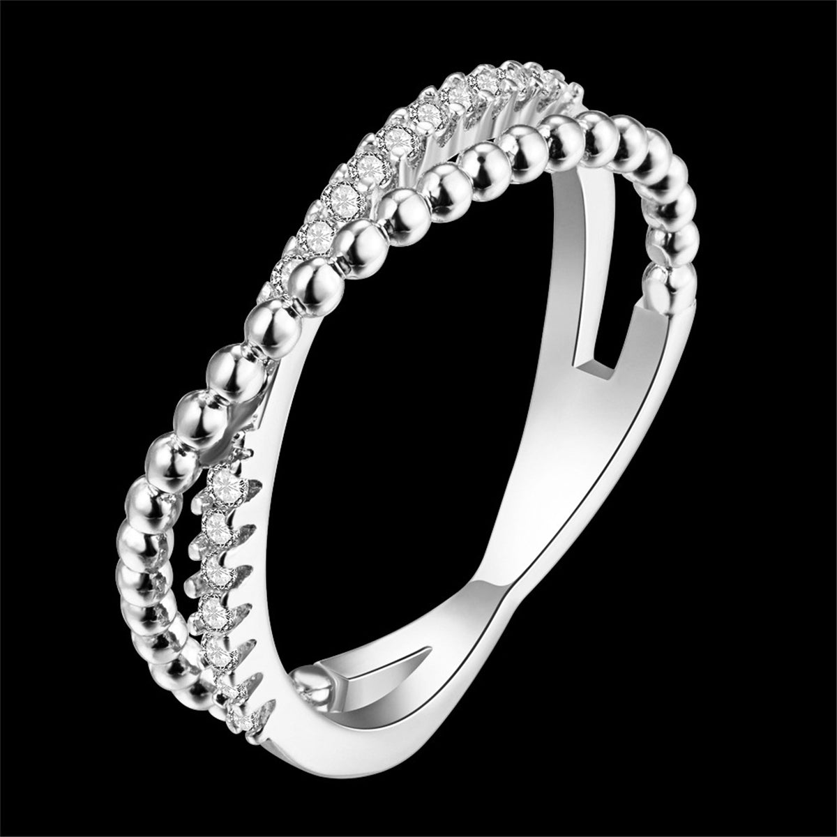 Cubic Zirconia and Silver-Plated Crossed Line Ring, silver statement rings for women, everyday style, detail close-up