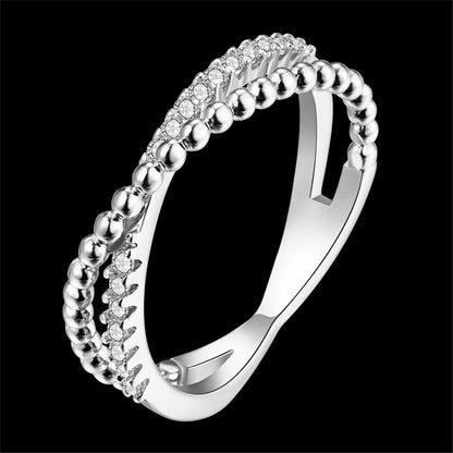 Cubic Zirconia and Silver-Plated Crossed Line Ring, silver statement rings for women, everyday style, detail close-up