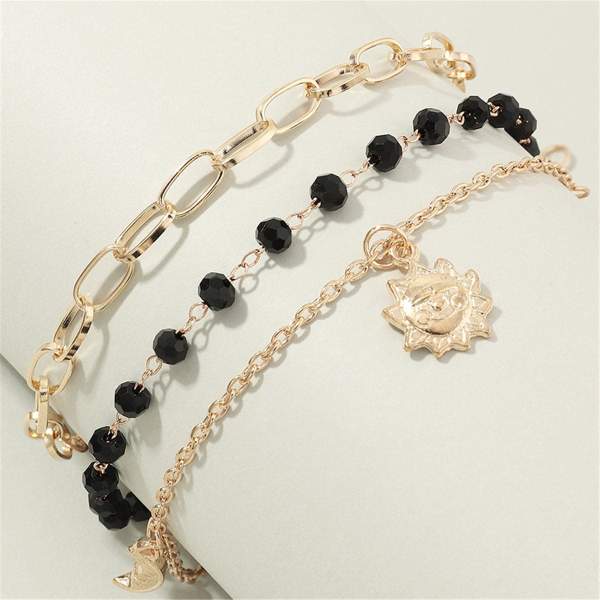 Black Bead and 18K Gold Plated Sun Figaro Anklet Set, jewelry gift sets for women, everyday style, side view