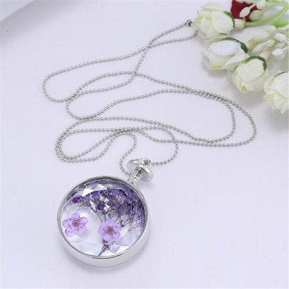 Purple Peach Blossom and Silver-Plated Round Pendant Necklace, silver pendant necklace for women, front view