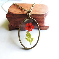 Red Pressed Peach Blossom & 18K Gold-Plated Oval Pendant Necklace