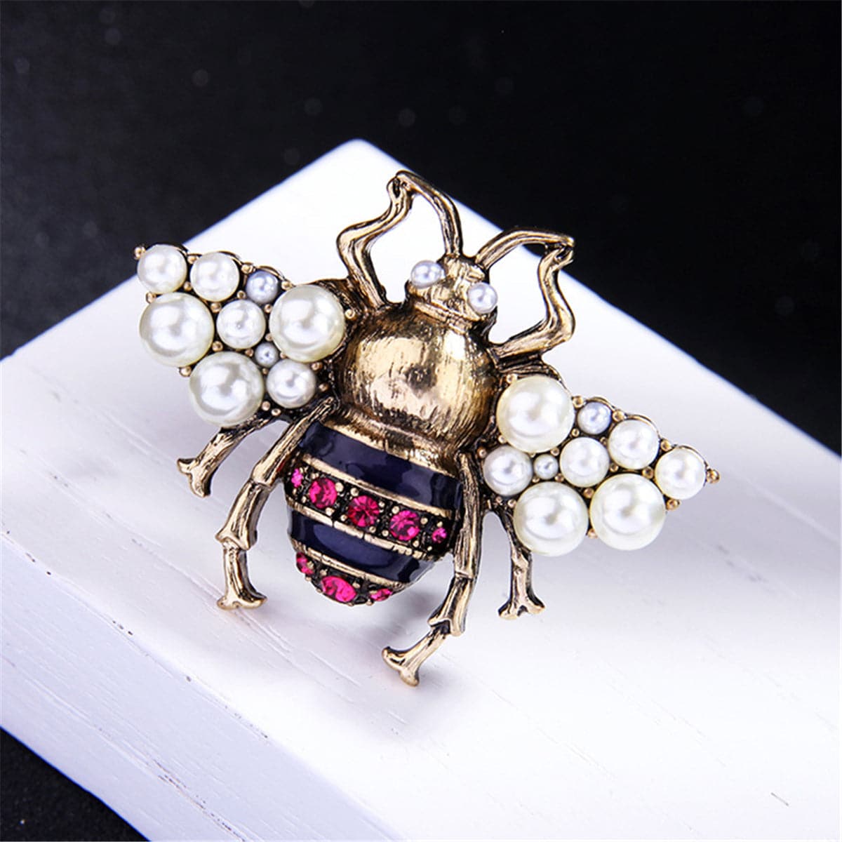 Pearl & Red Cubic Zirconia 18k Gold-Plated Insect Brooch