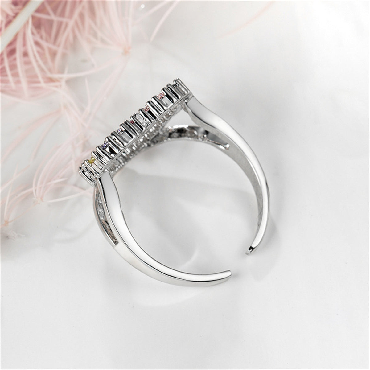 Red Cubic Zirconia and Silver-Plated Open Heart Ring, silver statement rings for women, detail close-up