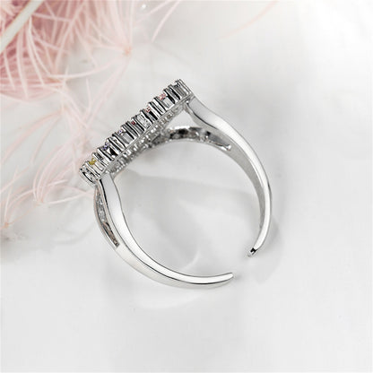 Red Cubic Zirconia and Silver-Plated Open Heart Ring, silver statement rings for women, detail close-up