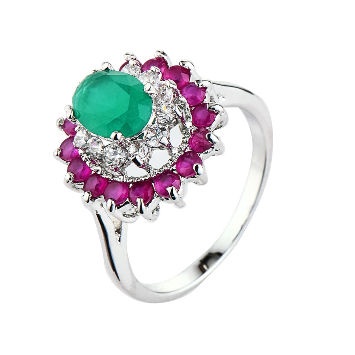 Green Crystal and Red Cubic Zirconia Oval-Cut Halo Ring, statement rings for women, everyday style, front view
