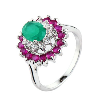 Green Crystal and Red Cubic Zirconia Oval-Cut Halo Ring, statement rings for women, everyday style, front view