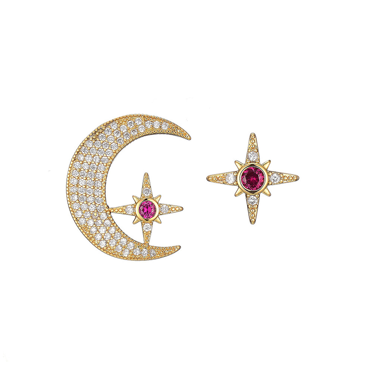 Red Cubic Zirconia & 18K Gold-Plated Moon Star Stud Earrings