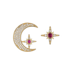 Red Cubic Zirconia & 18K Gold-Plated Moon Star Stud Earrings