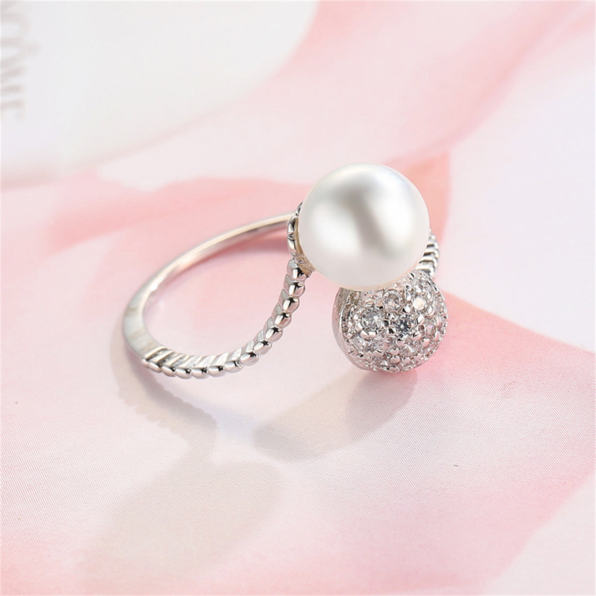 Pearl & Cubic Zirconia Pavé Adjustable Bypass Ring