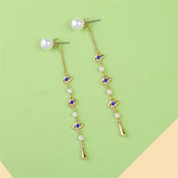 Blue Crystal & Imitation Pearl Linking Eyes Drop Earrings - streetregion