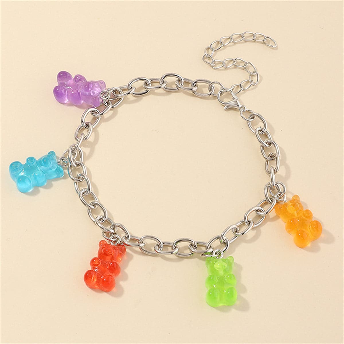 Rainbow Resin and Silver Plated Bear Station Anklet, silver anklet bracelet, everyday style, side view