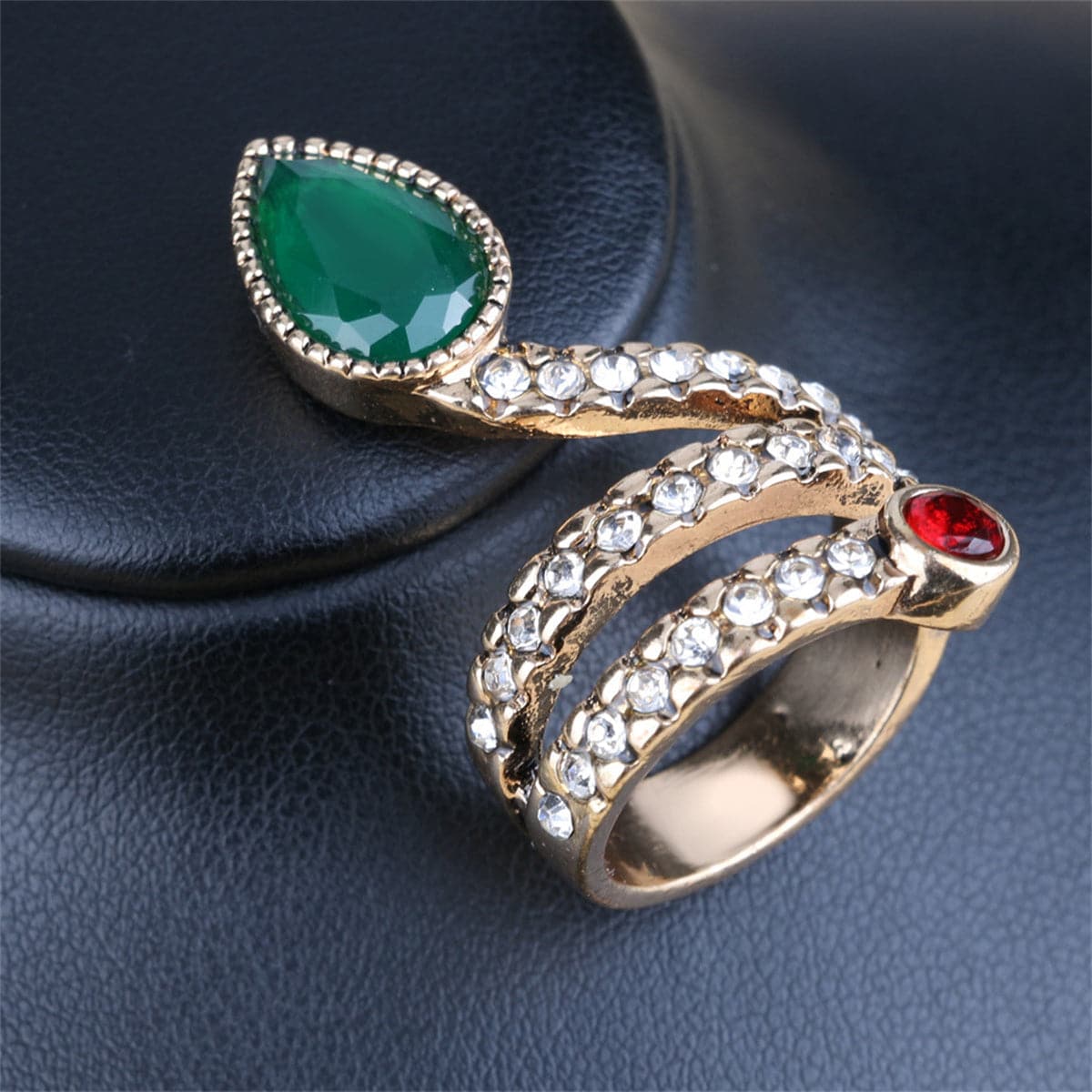 Green Crystal and Cubic Zirconia Snake Band Ring, statement rings for women, dainty minimalist design, detail close-up