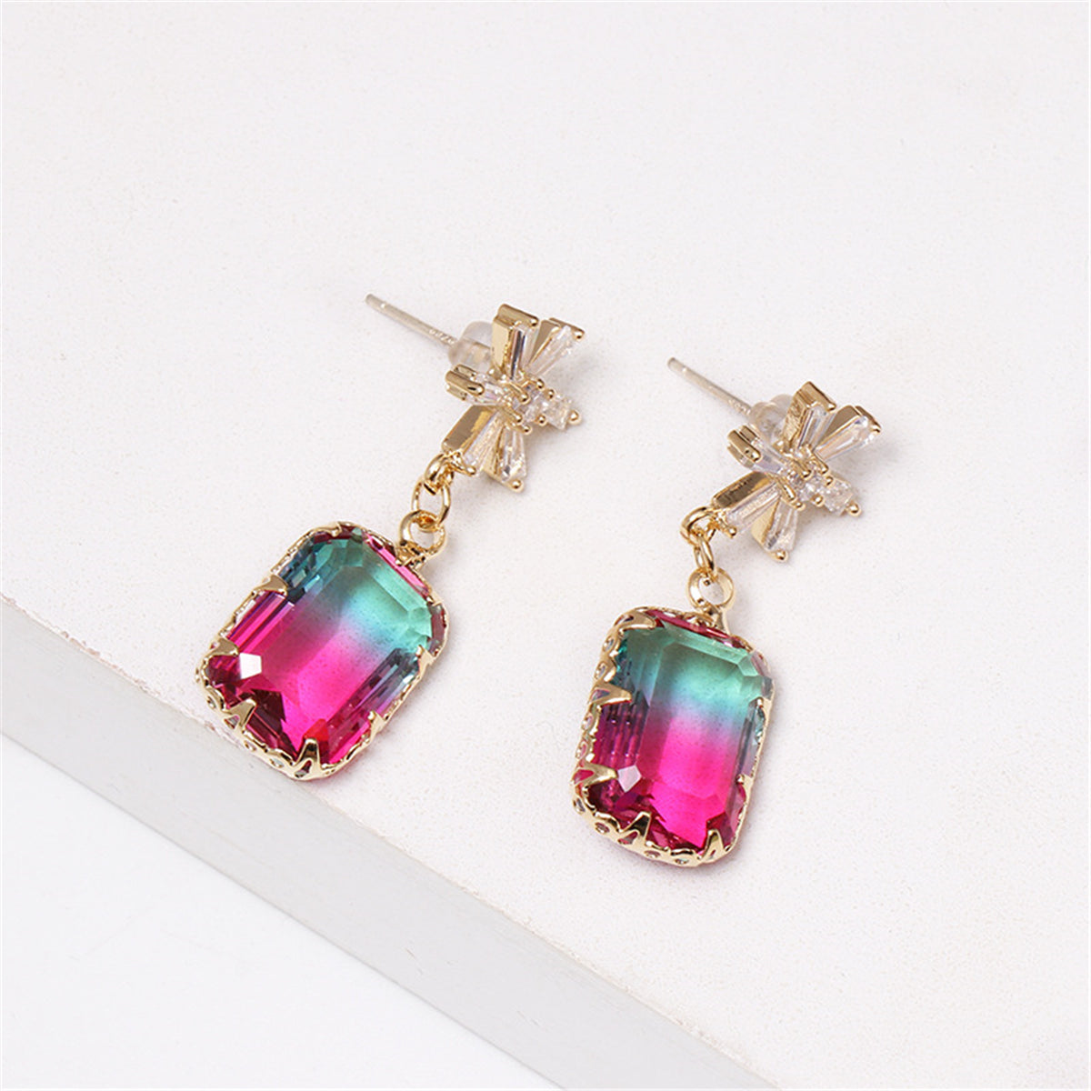Cubic Zirconia & Pink Crystal Ombré Princess-Cut Drop Earrings