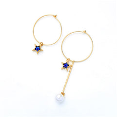Blue & 18K Gold-Plated Star Open Circle Asymmetrical Drop Earrings