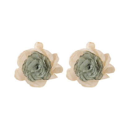 Beige and Green Chiffon Layered Floral Stud Earrings, stud earrings for women, dainty minimalist design, side view