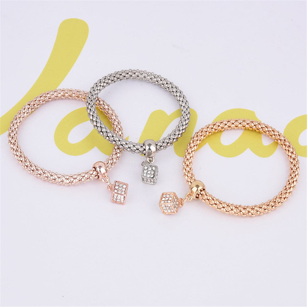 Cubic Zirconia and Three-Tone Hollow Cube Charm Bracelet Set, jewelry gift sets for women, everyday style, lifestyle look