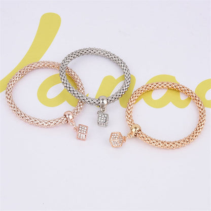 Cubic Zirconia and Three-Tone Hollow Cube Charm Bracelet Set, jewelry gift sets for women, everyday style, lifestyle look