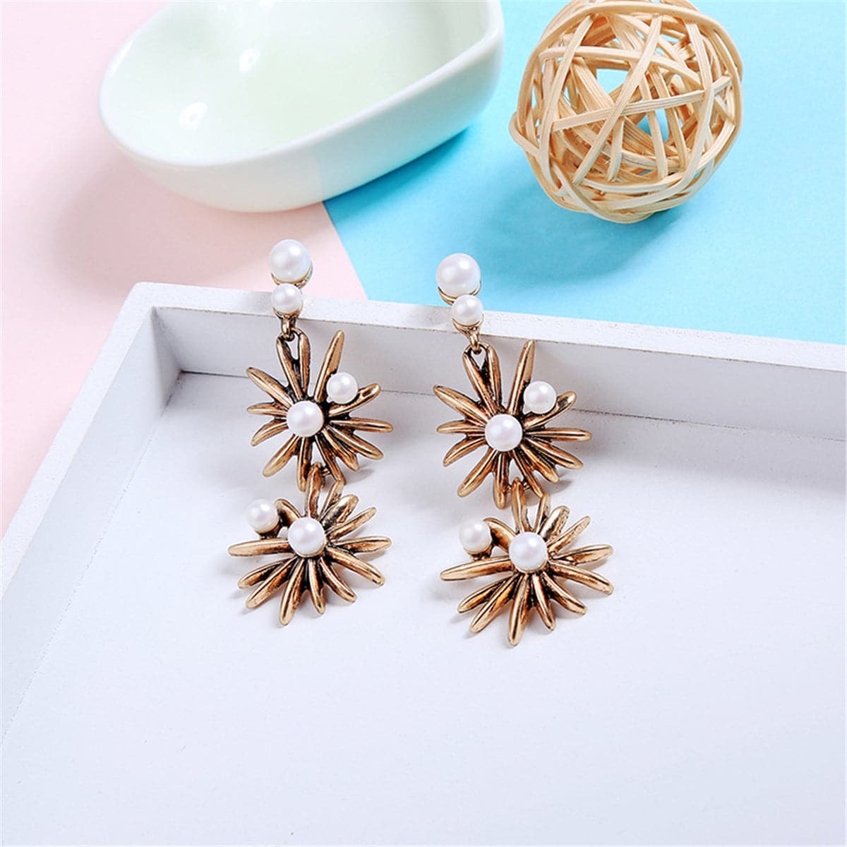 Pearl & 18K Gold-Plated Linking Star Drop Earrings