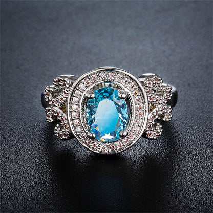 Cubic Zirconia and Sea Blue Crystal Halo Butterfly Ring, statement rings for women, botanical inspired, detail close-up