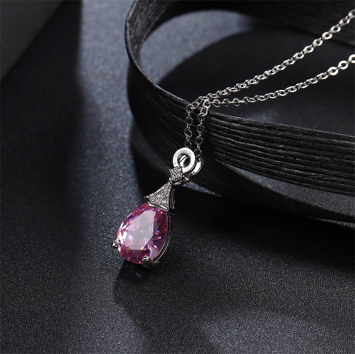 Cubic Zirconia and Pink Crystal Teardrop Pendant Necklace, pendant necklace for women, elegant gift for her, side view