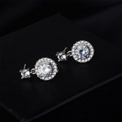 Cubic Zirconia and Silver-Plated Round-Cut Halo Drop Earrings, silver drop earrings for women, lifestyle look