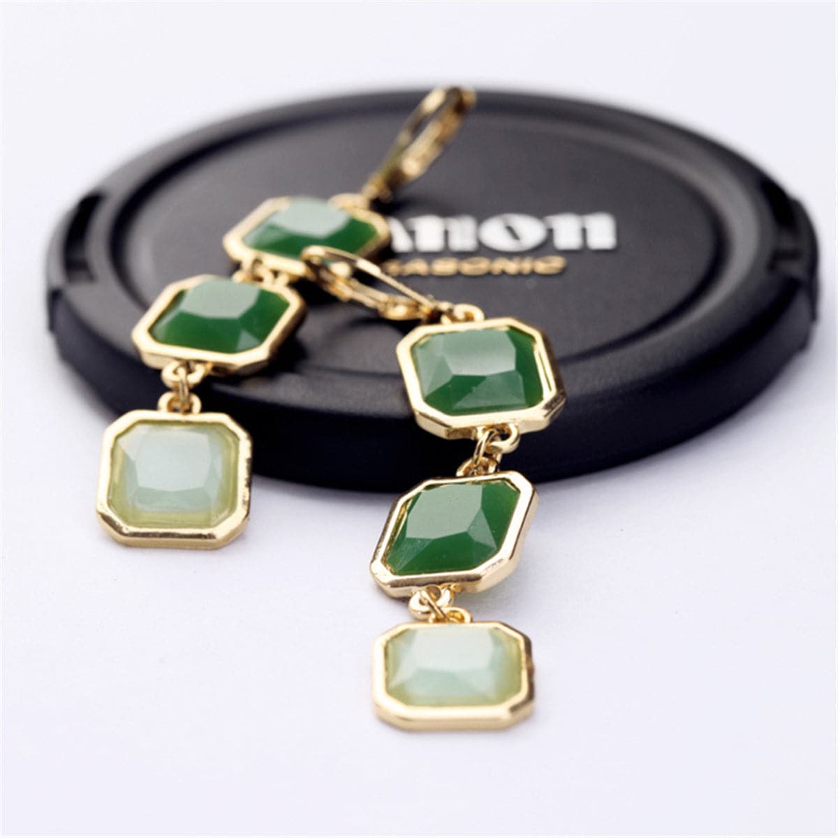 Green & White Crystal Drop Earrings