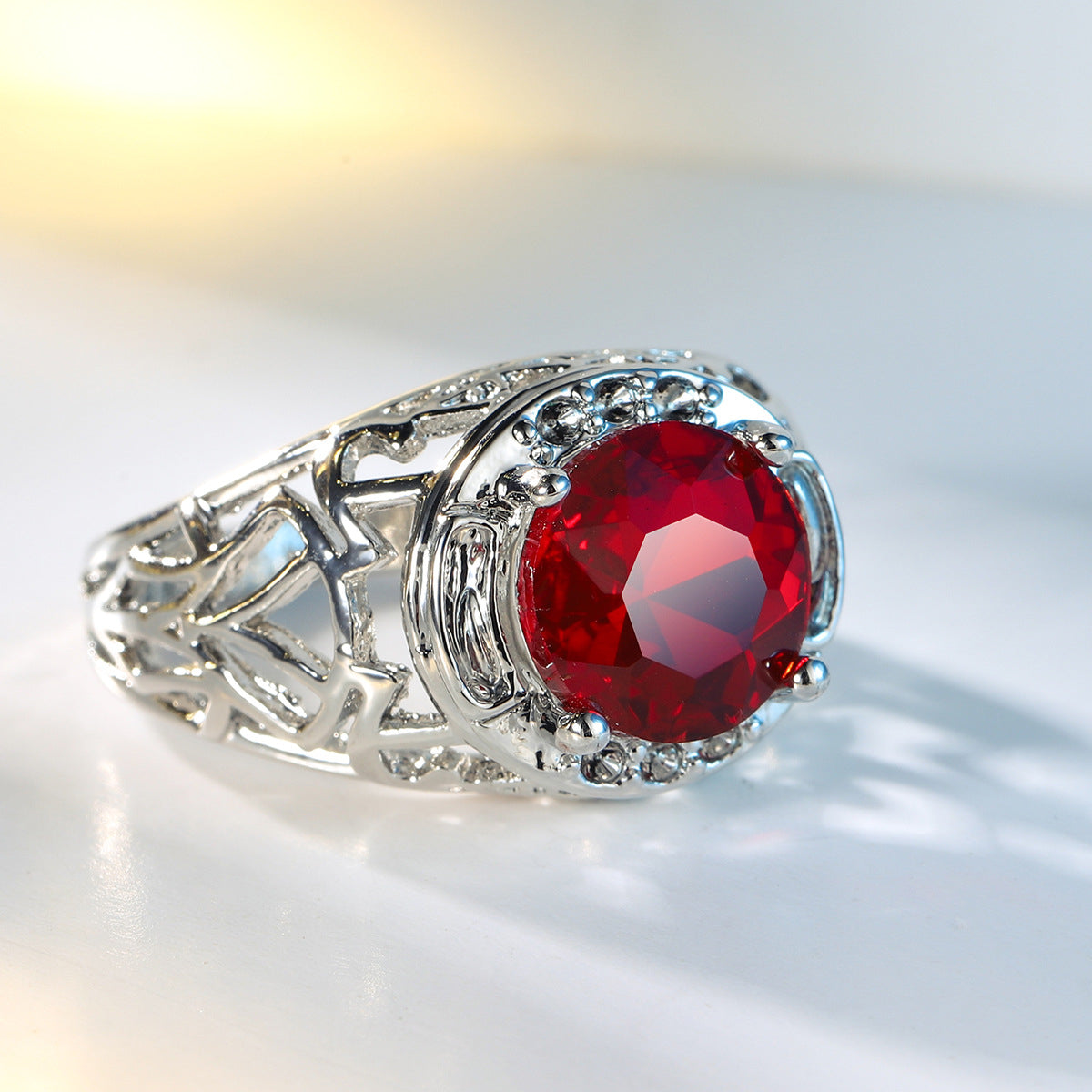 Red Crystal & Silver-Plated Filigree Cocktail Ring