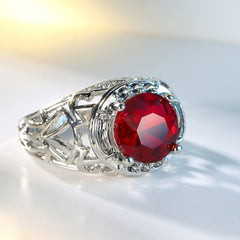 Red Crystal & Silver-Plated Filigree Cocktail Ring