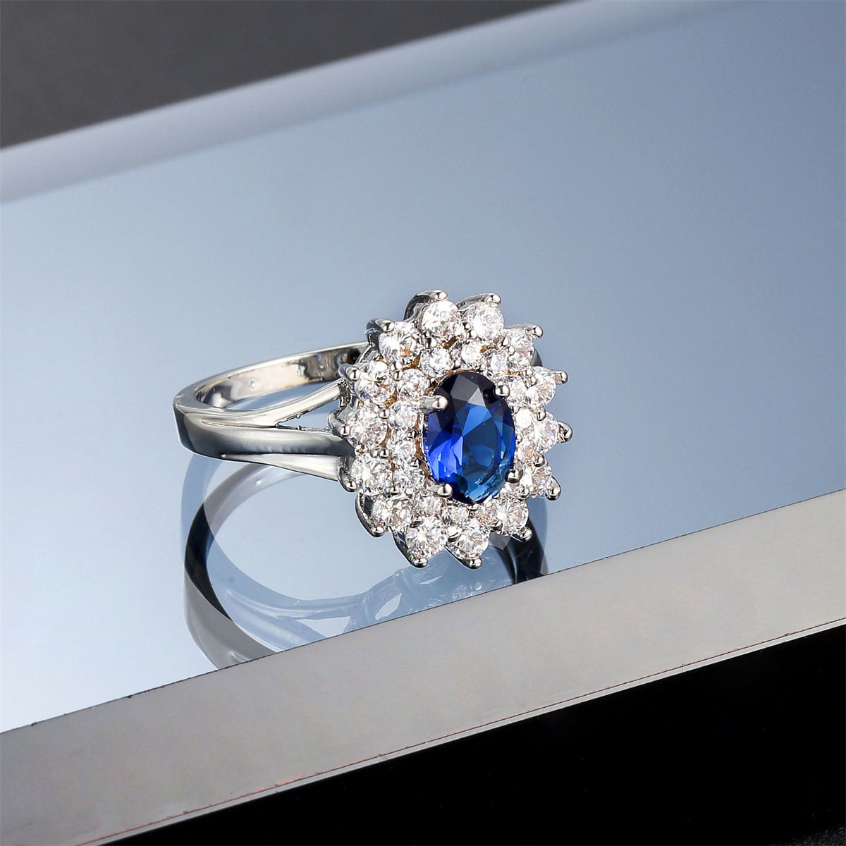 Cubic Zirconia & Navy Crystal Flower Halo Ring