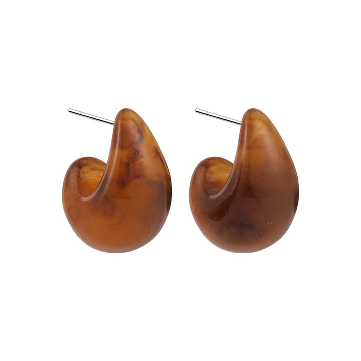 Brown Resin Marbled Chunky C-Shape Huggie Earrings, huggie earrings, dainty minimalist design, front view