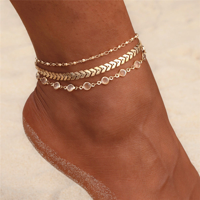 Crystal and 18K Gold-Plated Station Anklet Set, jewelry gift sets for women, botanical inspired, front view