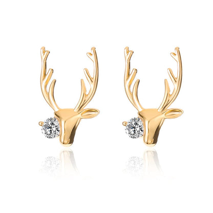 Cubic Zirconia and 18K Gold-Plated Deer Head Stud Earrings, gold stud earrings for women, dainty minimalist design, side view