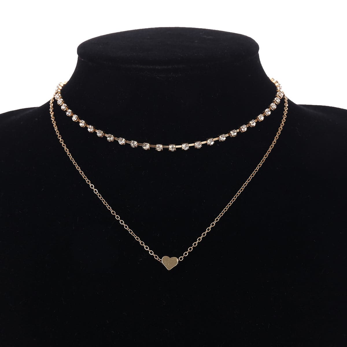 Cubic Zirconia and 18K Gold-Plated Heart Layered Necklace, gold pendant necklace for women, botanical inspired, front view