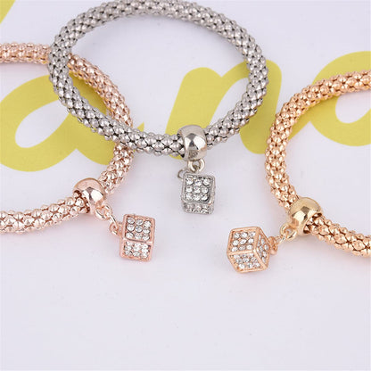 Cubic Zirconia and Three-Tone Hollow Cube Charm Bracelet Set, jewelry gift sets for women, everyday style, styled look
