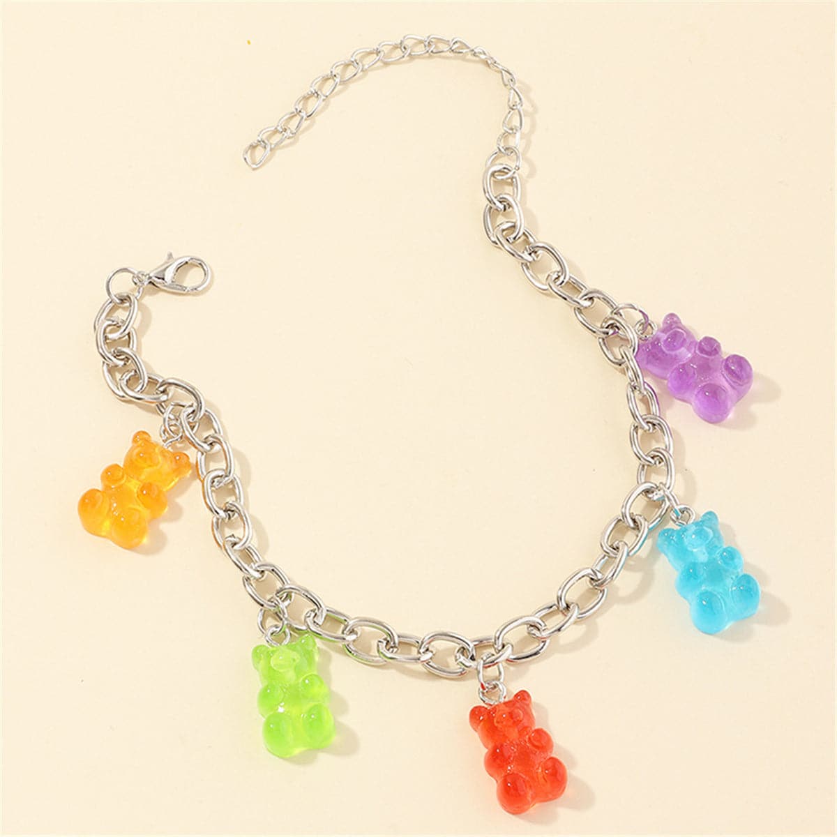 Rainbow Resin and Silver Plated Bear Station Anklet, silver anklet bracelet, everyday style, detail close-up