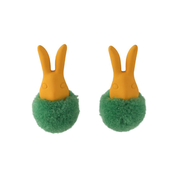 Green Pom-Pom & Silver-Plated Rabbit Stud Earrings