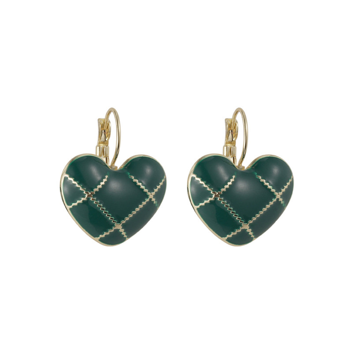 Green Enamel and 18K Gold-Plated Heart Huggie Earring, gold huggie earrings, botanical inspired, front view