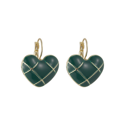 Green Enamel and 18K Gold-Plated Heart Huggie Earring, gold huggie earrings, botanical inspired, front view
